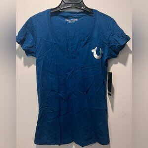 True Religion V-Neck Logo Tee T-Shirt Poseidon Silver size Small NWT‎
